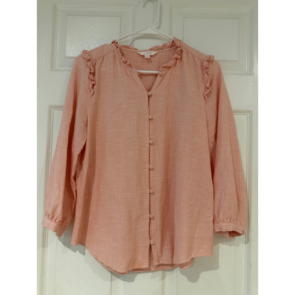 Lauren Conrad Pink Striped Ruffle Button Front Blouse Coastal Preppy Cottagecore